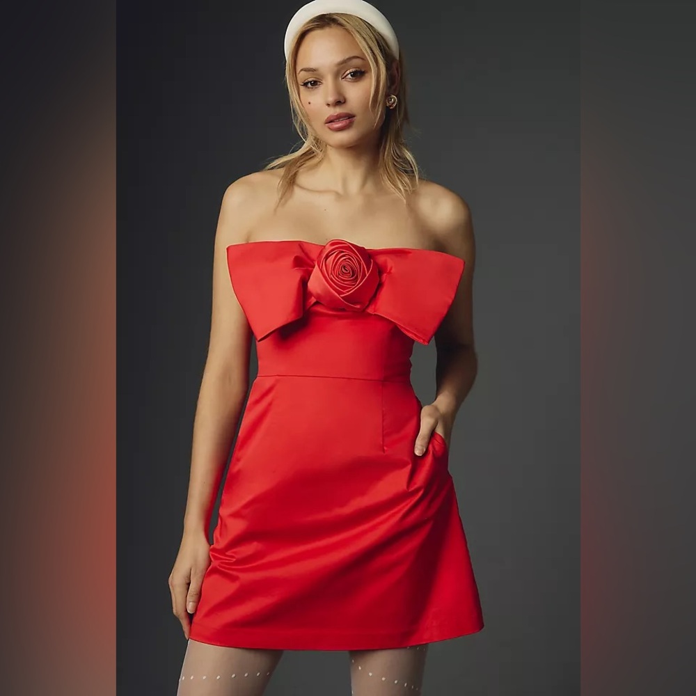 Anthropologie Hutch Rosette Strapless Red Mini Dress